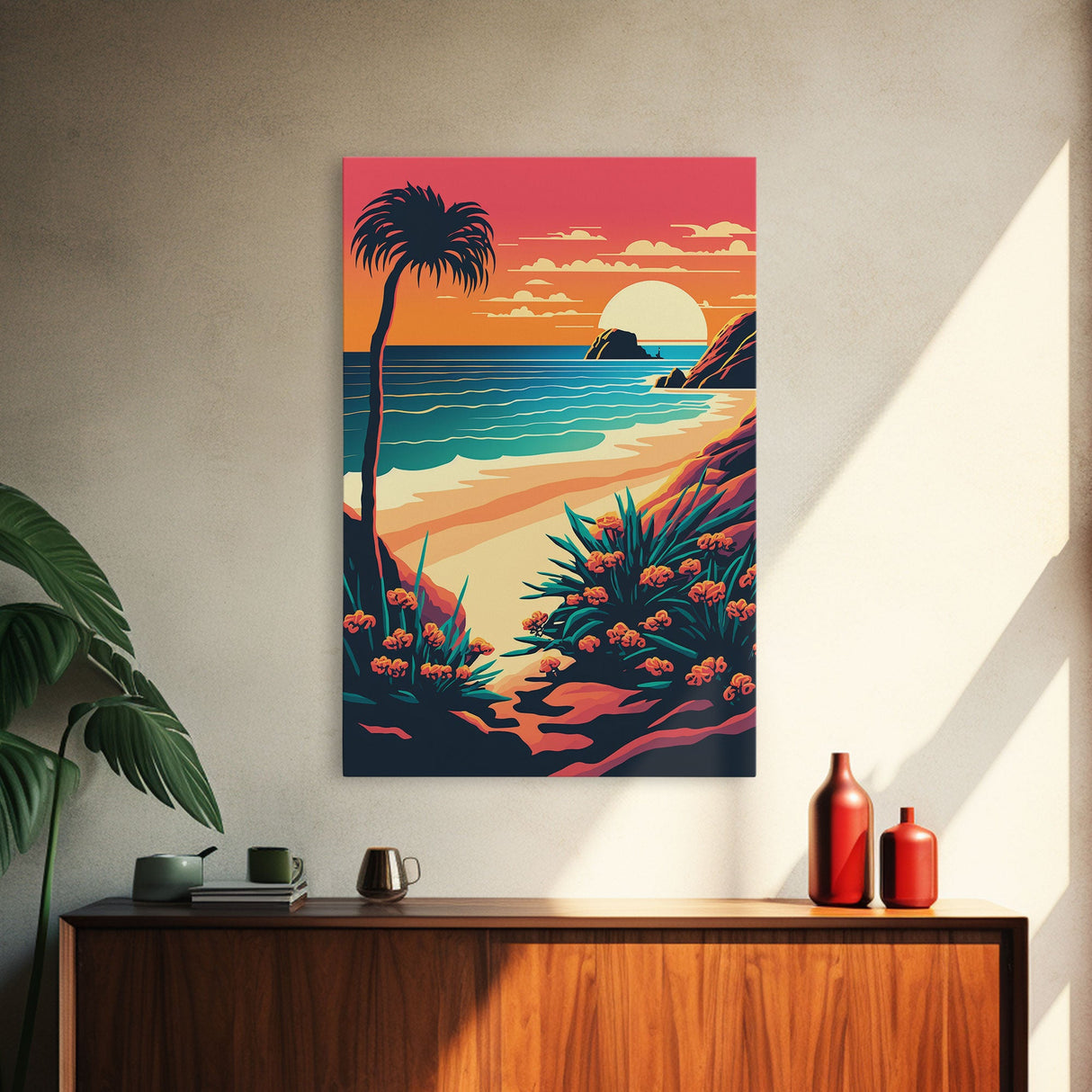 Framed Canvas Print | Art Deco Sunset, Beach, Palm Trees, Retro Style, Synthwave, Vaporwave, Island Vibes, Minimalist Beach Art