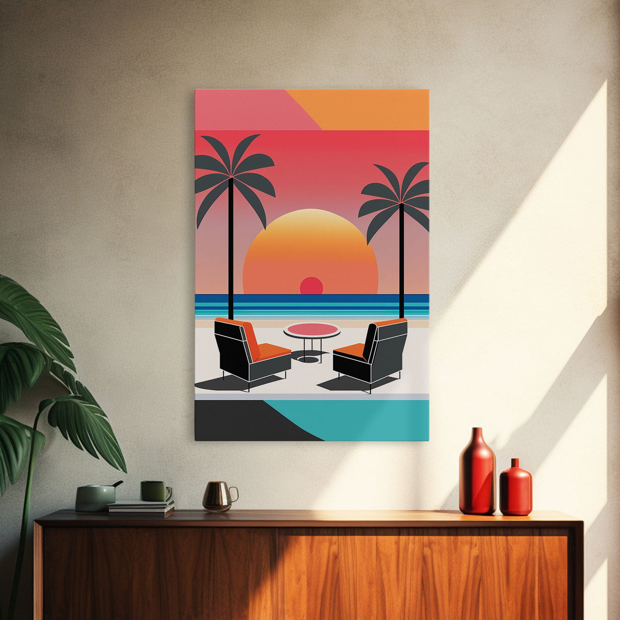 Framed Canvas Print - Art Deco Sunset, Minimalist Beach, Palm Trees, Retro Style, Synthwave, Vaporwave, Minimalist Abstract Decor