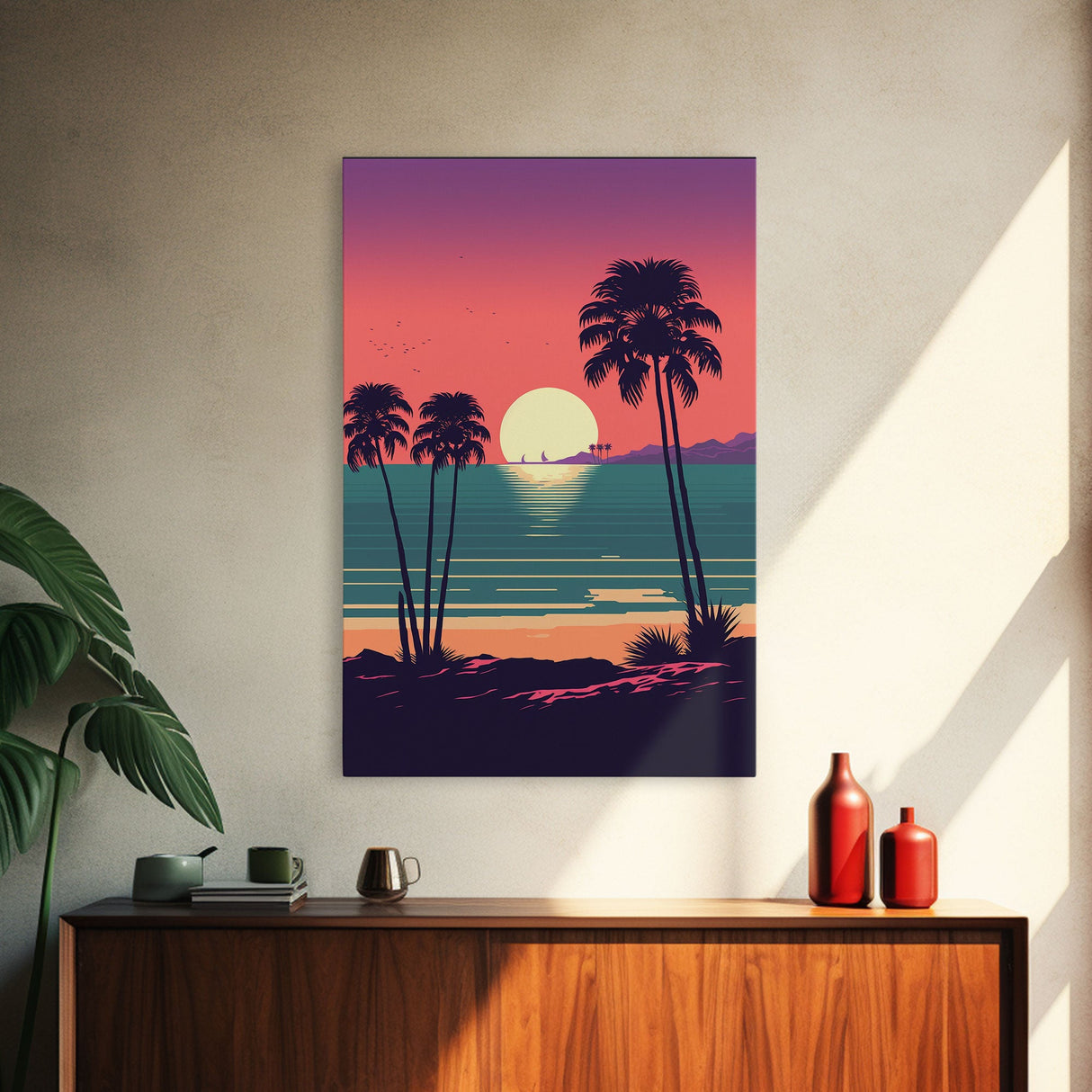 Framed Canvas Print - Art Deco Sunset, Palm Trees, Synthwave Vibes, Beach Decor, Vaporwave Pink Art, Miami Vibes