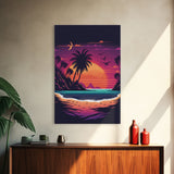 Framed Canvas Print - Pop Art Style Beach at Sunset with Palm Trees - Retro Style - Living Room / Office / Bedroom Wall Art