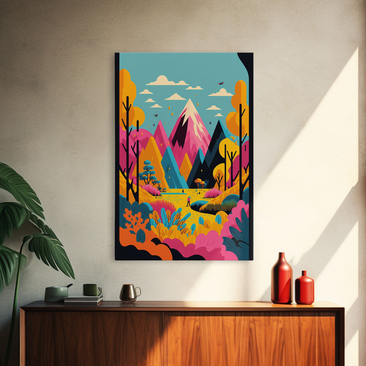 Trendy Pop Art, Surreal / Abstract Mountain Landscape, Fantasy Decor, Framed Canvas Print