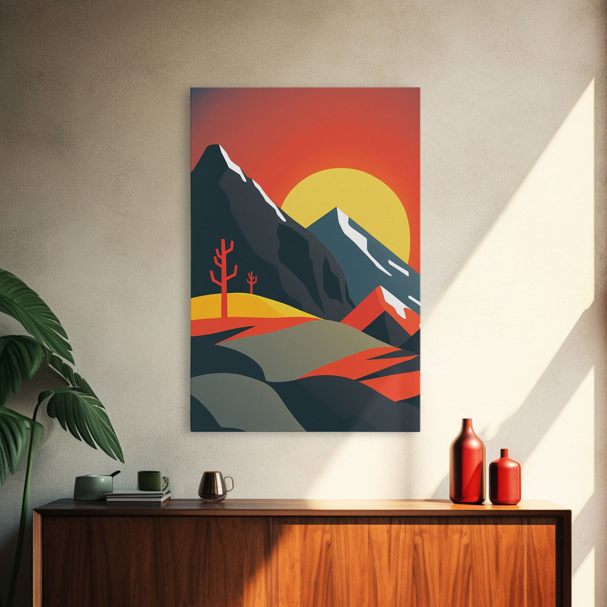 Orange Sky and Sunset over A Mountain Landscape, Framed Canvas Print, Minimalist Abstract Art