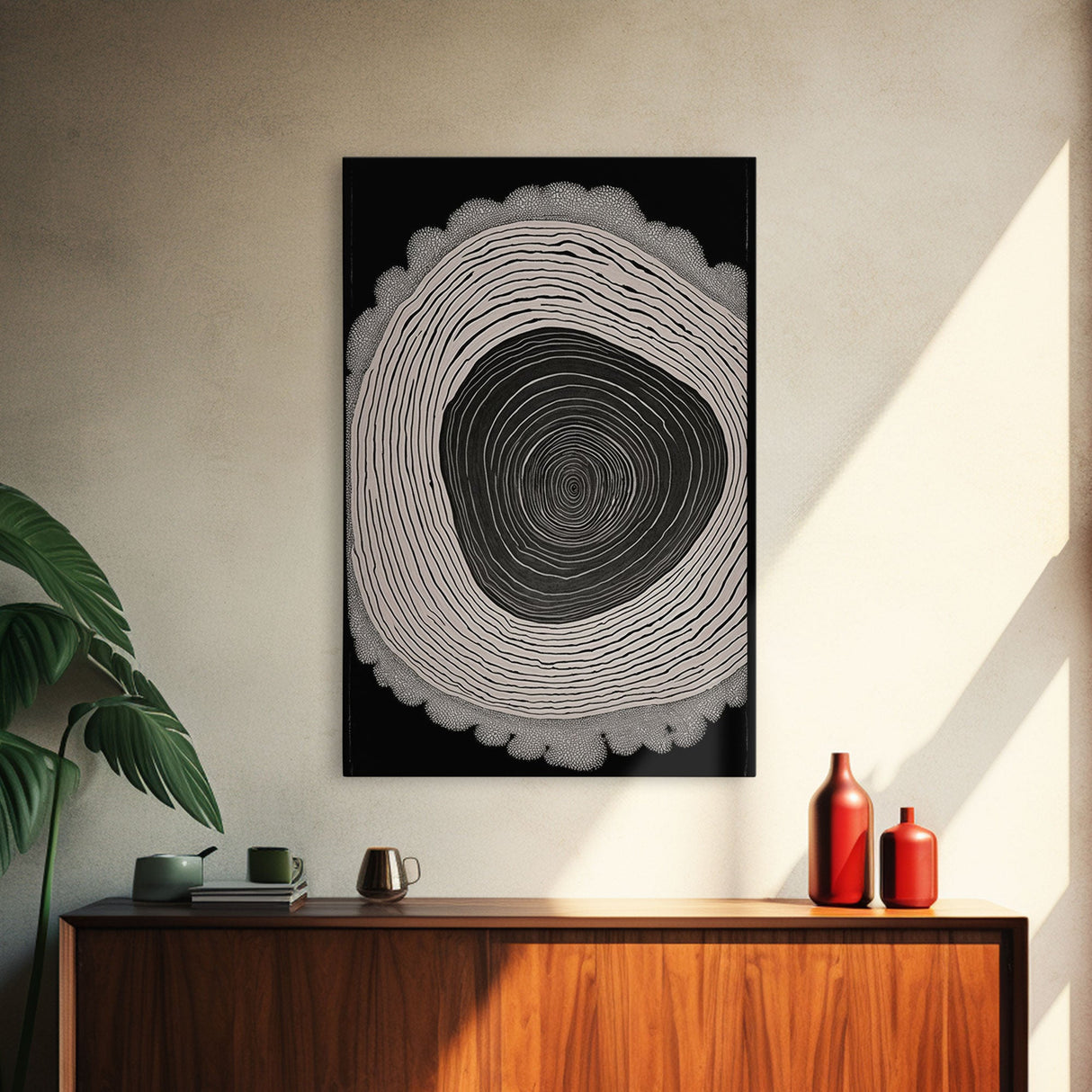 Framed Canvas Print Wall Art,  Grunge Forest Tree Rings, Abstract Illustrations, Modern Art, Nordic Decor for Bedroom, Tree Cross Section