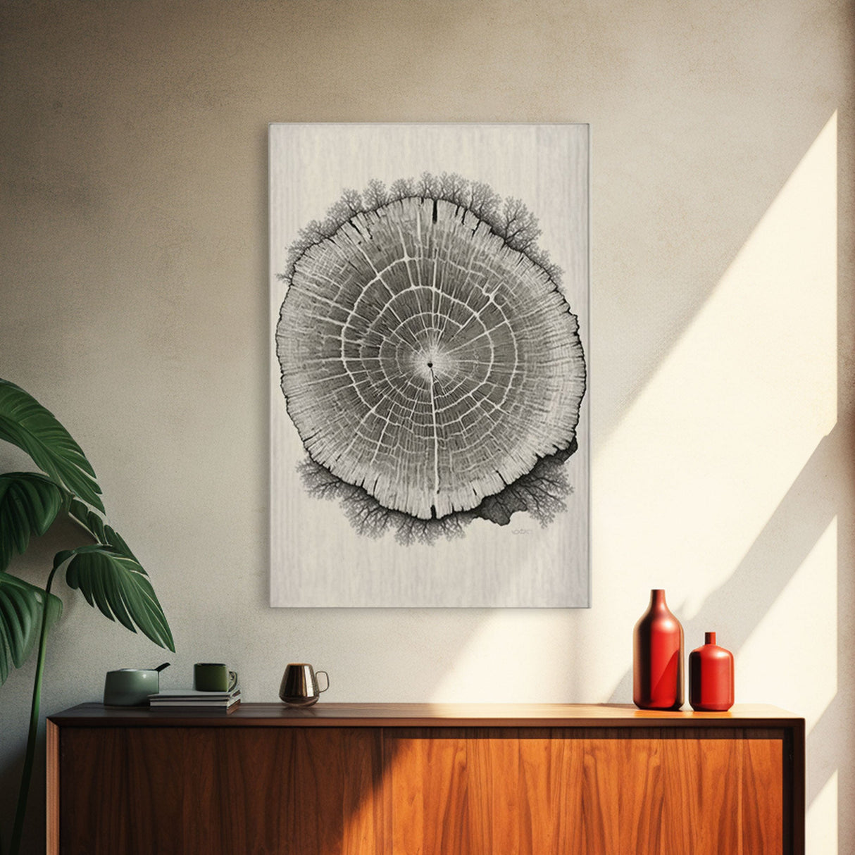 Framed Canvas Print Wall Art,  Grunge Forest Tree Rings, Abstract Illustrations, Modern Art, Nordic Decor for Bedroom, Tree Cross Section