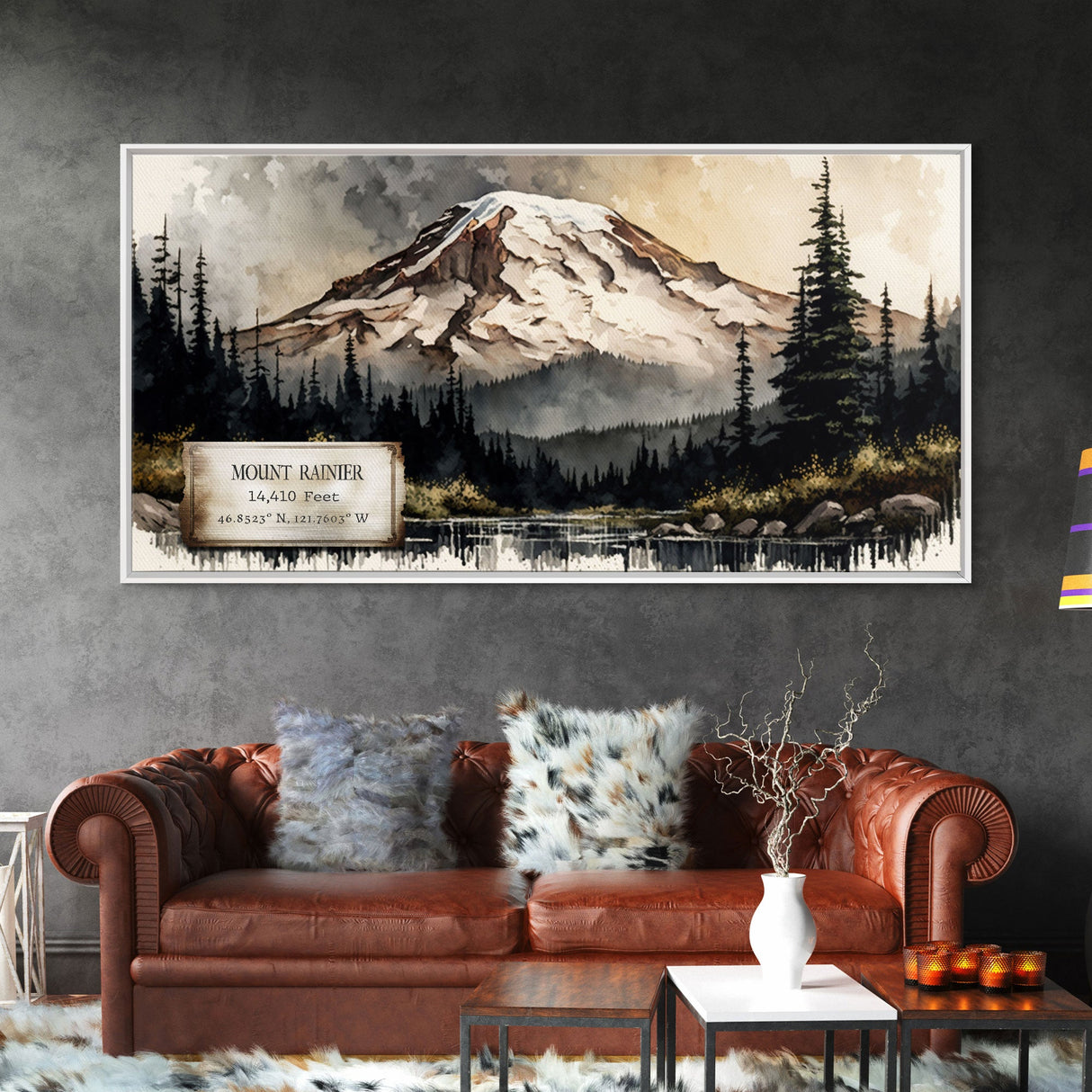 Mount Rainier, Travel Poster Wall Art, Framed Canvas Print, American Mountains, Mountain Landscape Painting