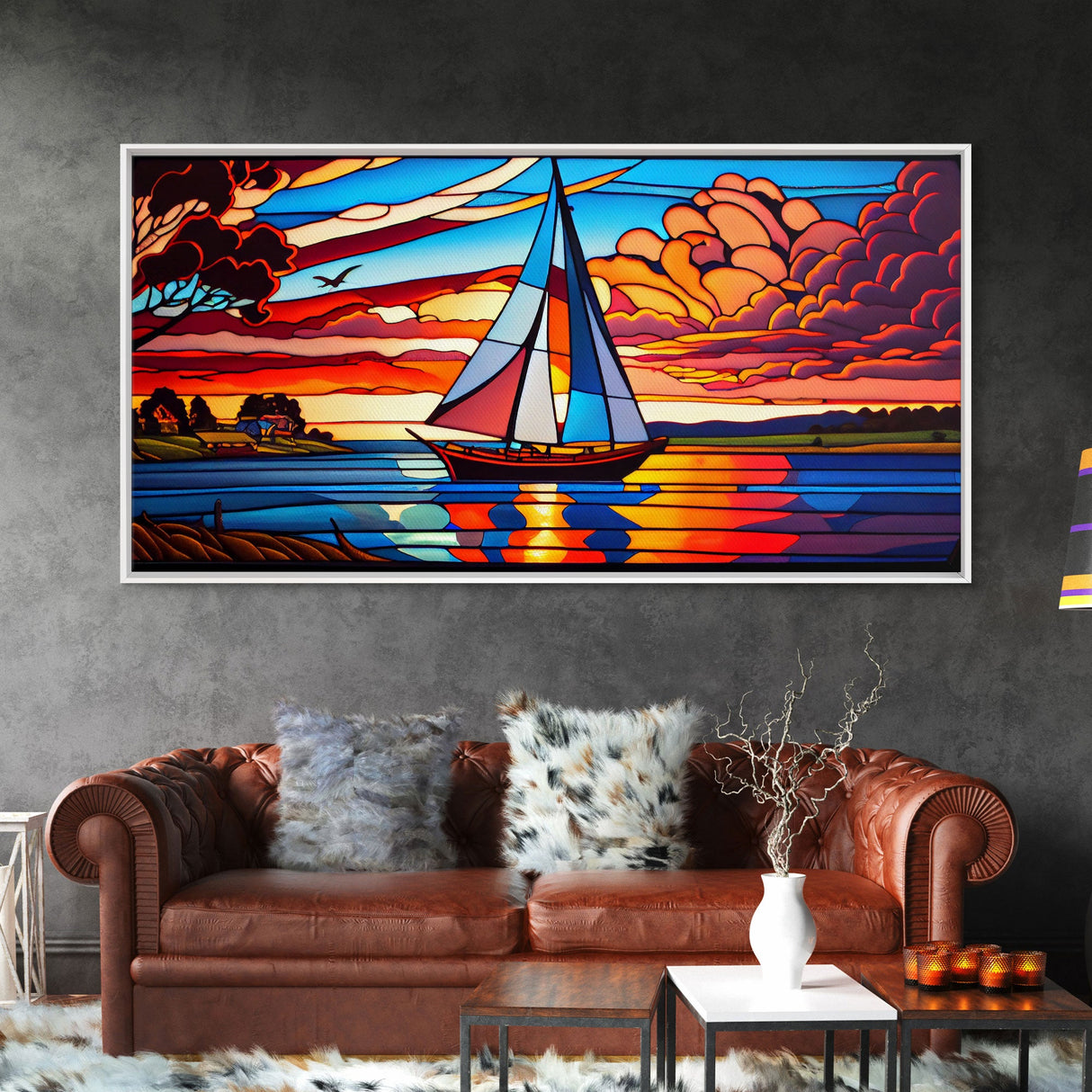 Stained Glass Art Deco Sail Boat Wall Art | Framed Canvas Print | Nautical Art | Seascape Art | Beach House Decor