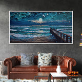 Full Moon Over Beach & Ocean Waves - Framed Canvas Print - Lighthouse and Beach Art - Lakehouse Art - Beach House - Living Room Decor