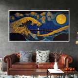 The Wave, Abstract Art, Framed Canvas Print, Wood Framed Wall Art, Gift, Van Gogh Style Art, Full Moon