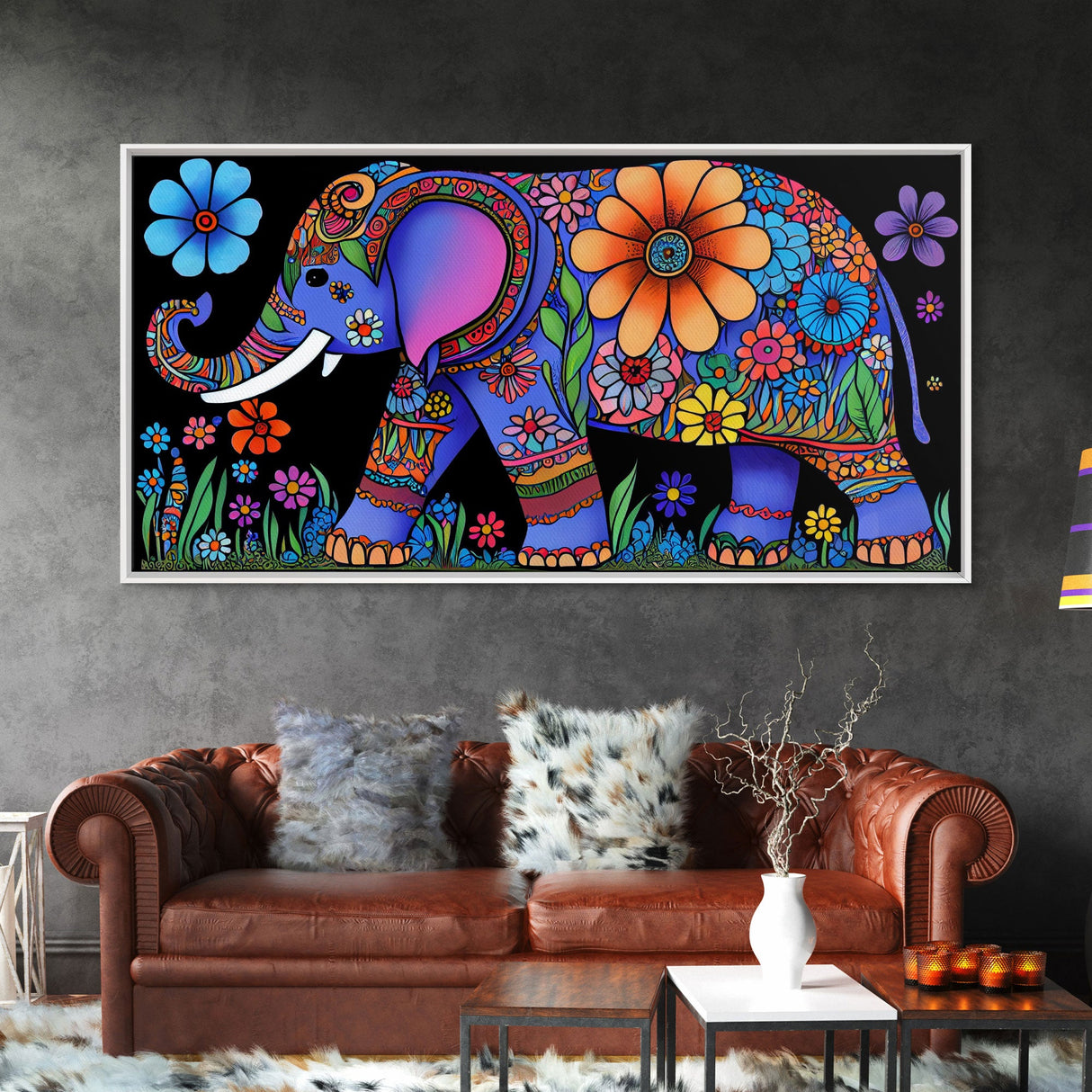 Elephant Art, Wall Art, Framed Canvas Print, Canvas Art, Indian Style Abstract Elephant With Flowers