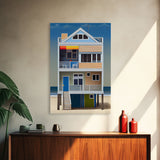 Whimsical Beach House Art, Framed Canvas Print, Cute Retro Beach House Painting, Wall Art