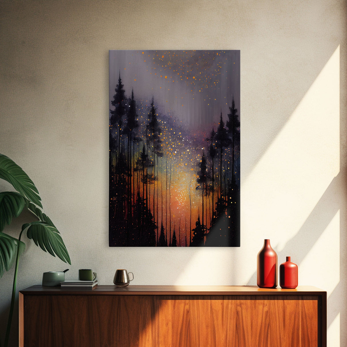 Abstract Pine Canvas Print of Oil Painting, Large Original Textured Fall Pine Forest Painting Contemporary Living Room Wall Art Decor