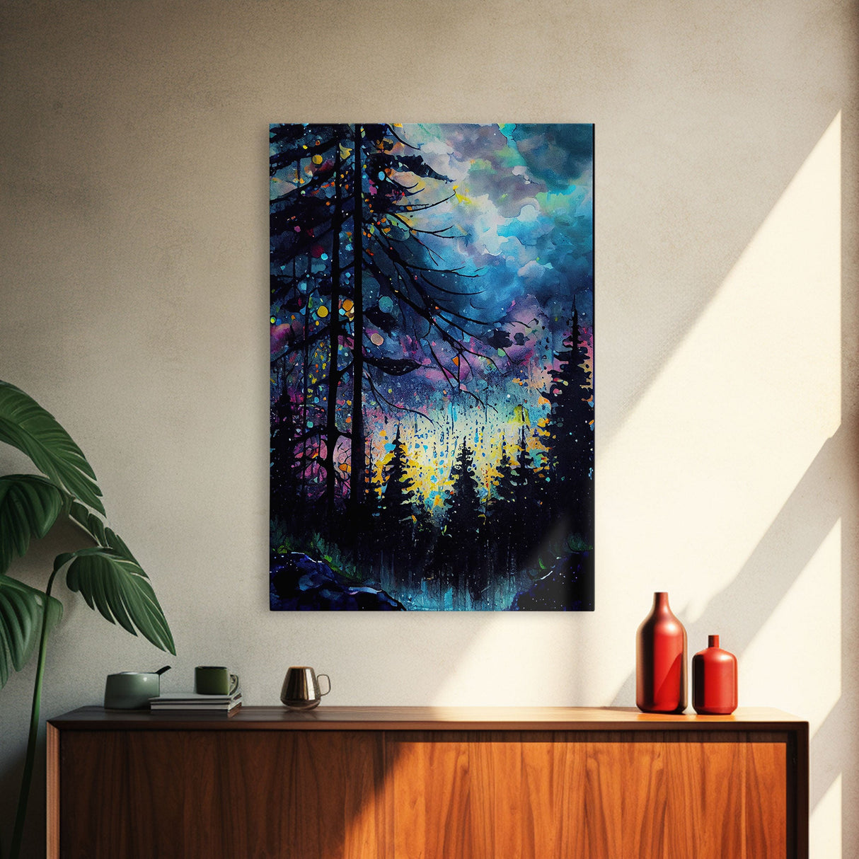 Abstract Pine Canvas Print of Oil Painting, Large Original Textured Fall Pine Forest Painting Contemporary Living Room Wall Art Decor