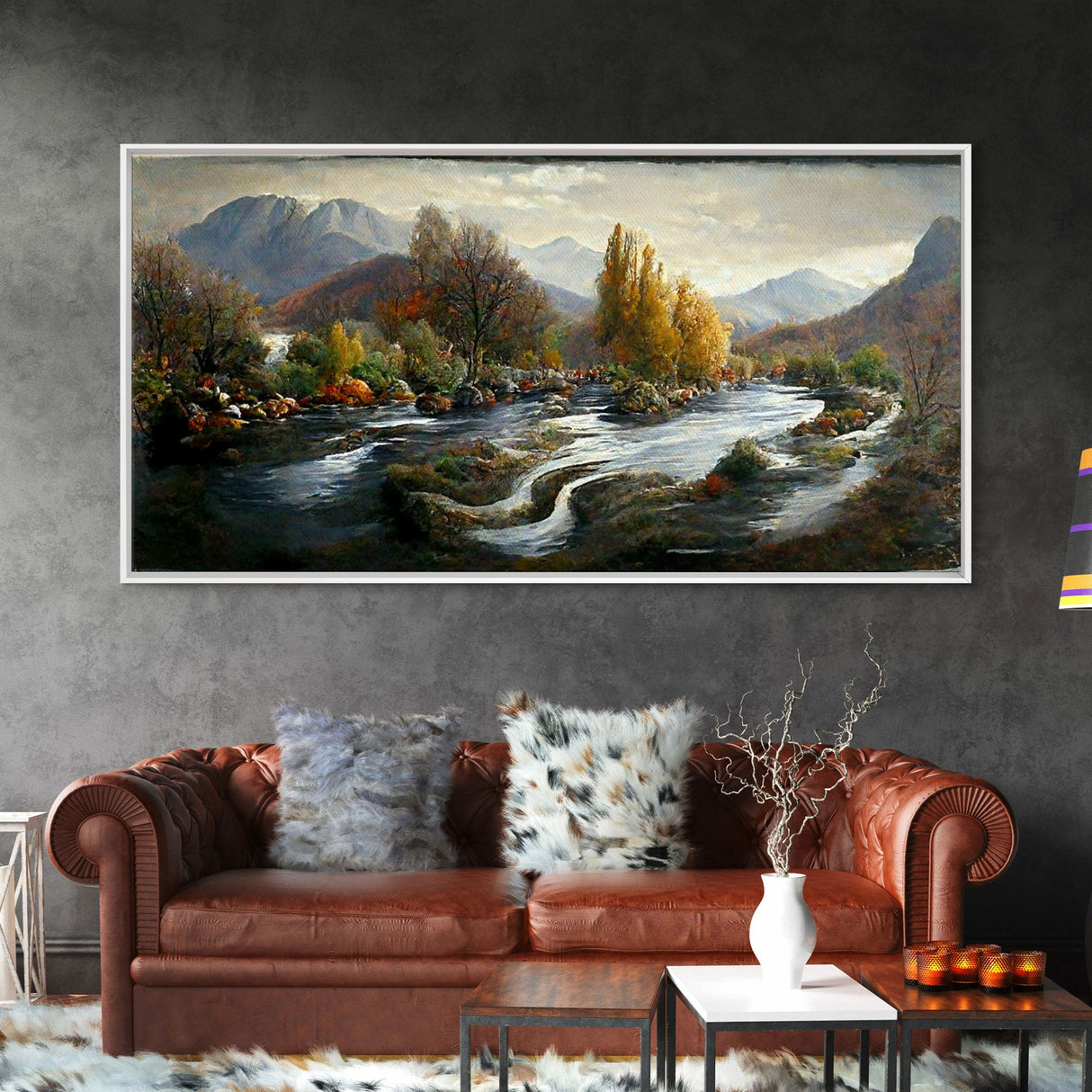 Scenic nature landscape canvas print, flowing river water color, fall scenic art, panoramic nature landscape