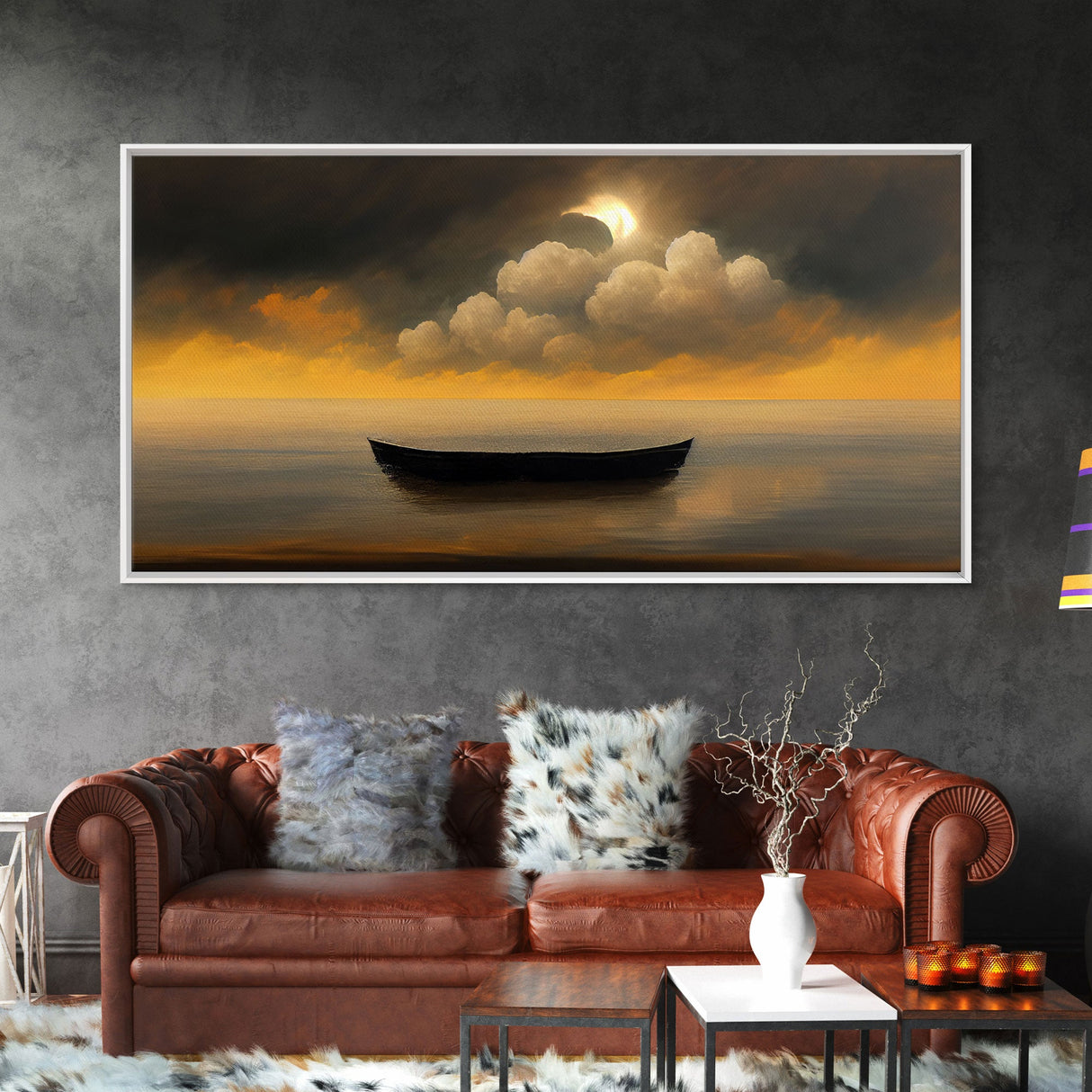 Row boat on a lake canvas print, sunset, watercolor, nature panoramic canvas print