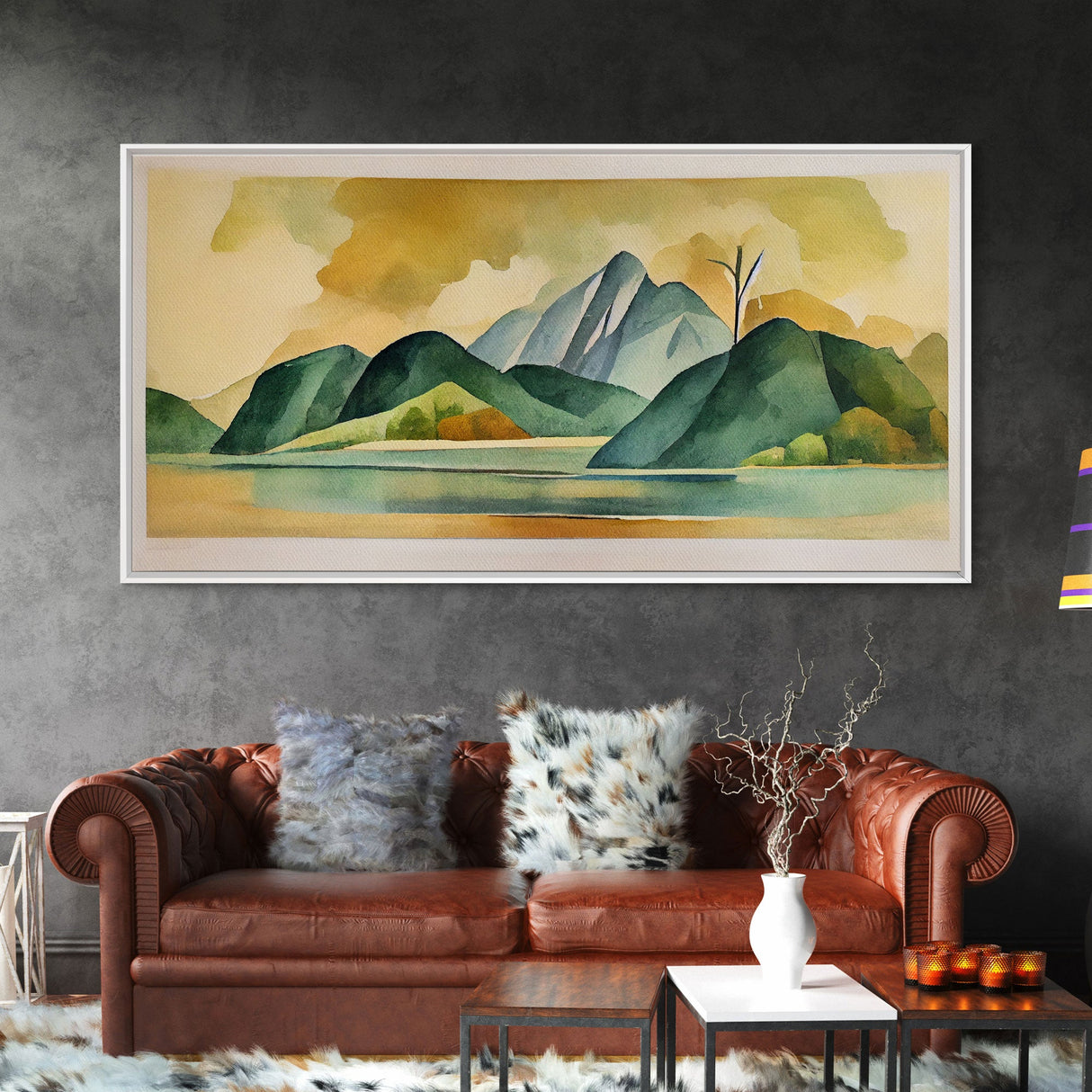 Serene Green Watercolor Landscape, Canvas Print, abstract wall art of a lake and mountains