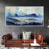 Panoramic Blue Mountain Valley Watercolour Art Canvas Print, Misty Rolling Hills Watercolor Landscape Painting Extra Large Panorama Print