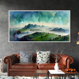 Panoramic Blue Green Mountain Valley Watercolor Canvas Art Print, Misty Rolling Hills Landscape, Extra Large Panorama Print