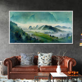 Panoramic Green Blue Foggy Mountain Valley Watercolor Canvas Art Print, Misty Rolling Hills Landscape, Extra Large Panorama Print