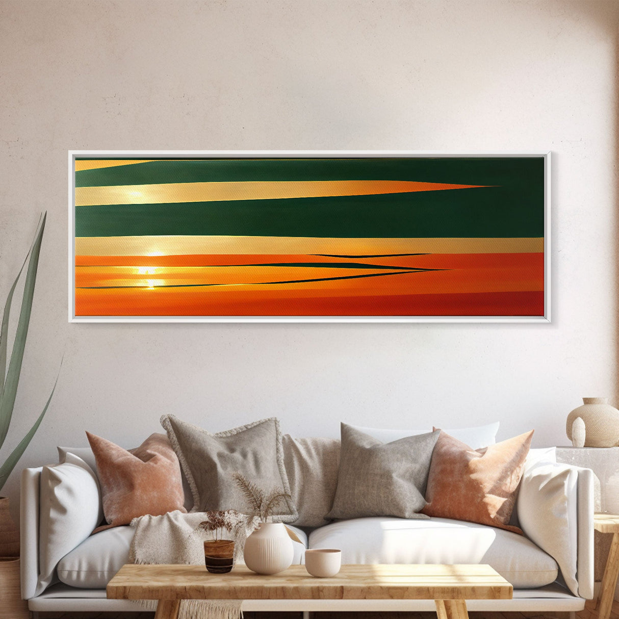 Art Deco Wall Art, Framed Canvas Print, Emerald Green and Gold Palm Tree Leaves and Sunset, Panoramic Ultrawide Art, Large Format Wall Decor