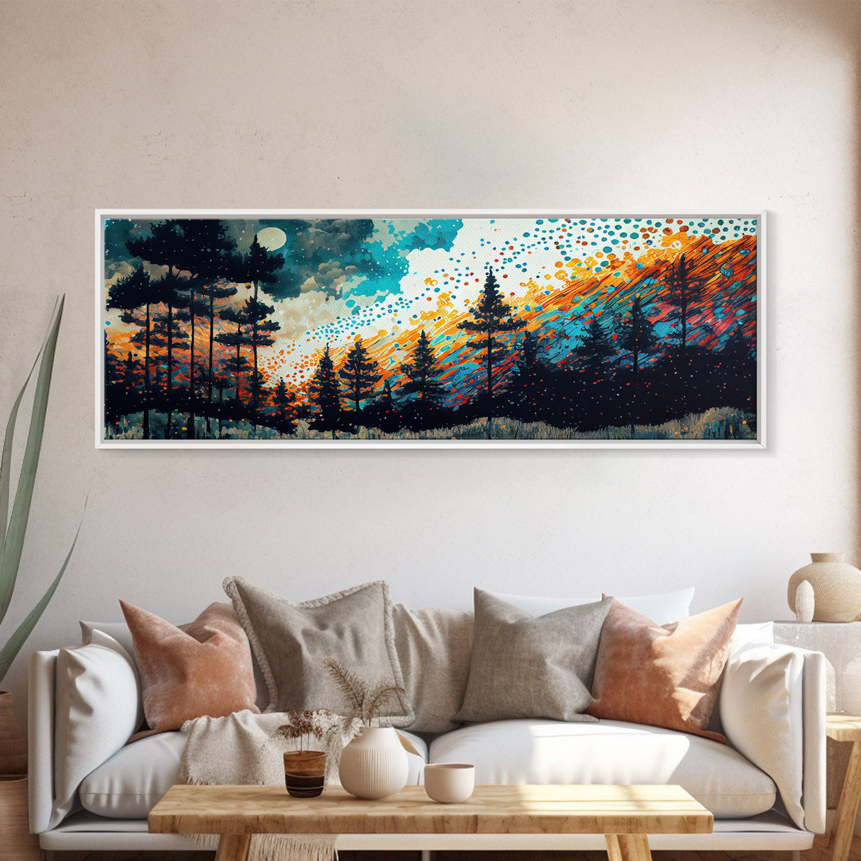 Extra large 24 x 72 wall art, framed canvas print, abstract pine tree forest painting, painting of a forest fire against a starry night sky