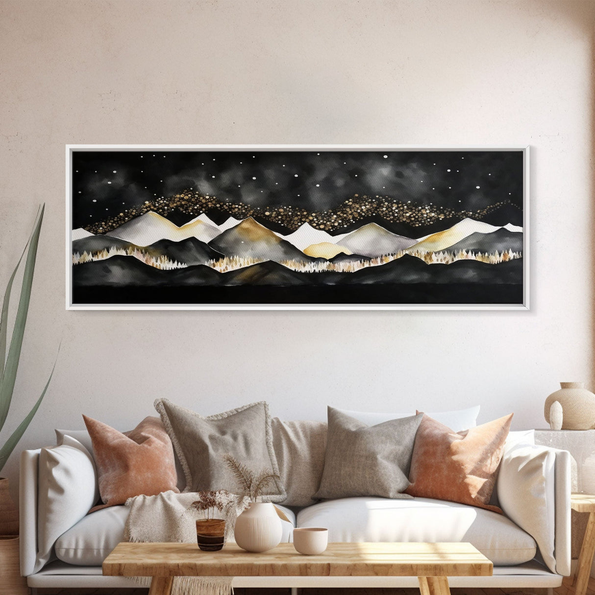 Black & Gold Mountain Landscape Painting, Framed Canvas Print, Panoramic Art, Extra Wide Art, Center Piece Decor, Above Fireplace or Sofa