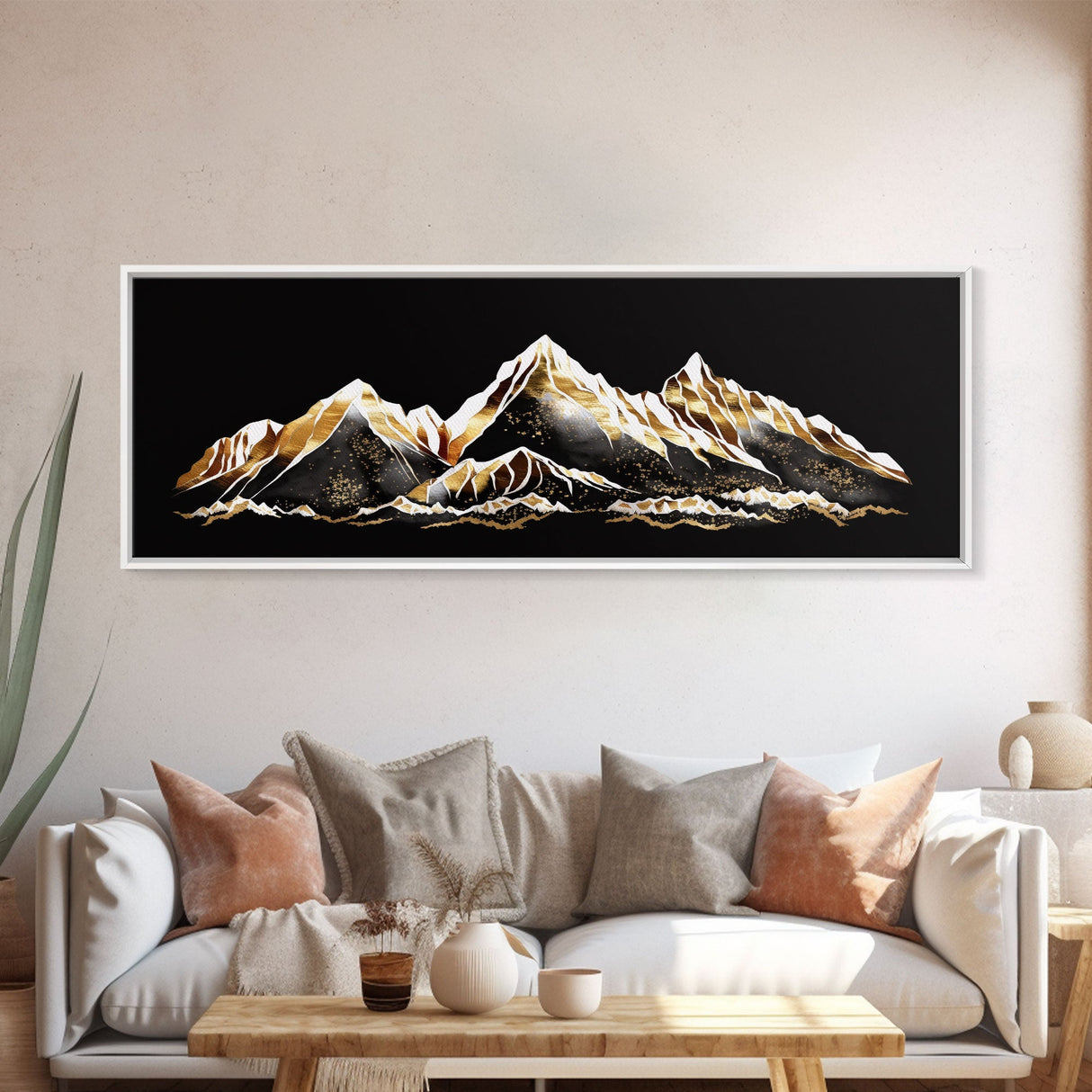 Black & Gold Mountain Landscape Painting, Framed Canvas Print, Panoramic Art, Extra Wide Art, Center Piece Decor, 24 x 72 Art, Huge Art