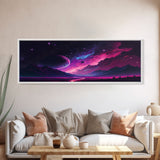 Beautiful Science Fiction Wall Art, Synthwave Style Scifi Art, Framed Canvas Print, Panoramic Alien Worlds and Star Filled Night Sky