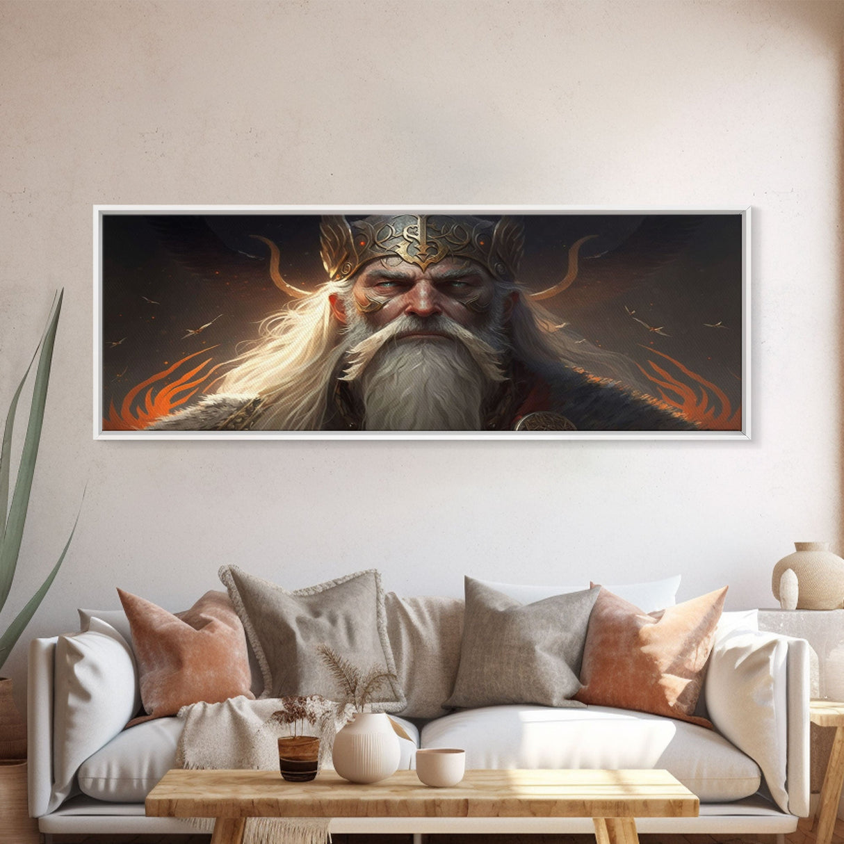 Panoramic Portrait of Odin, Norse Mythology Painting, Framed Wall Art, Man Cave Decor