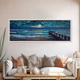 Panoramic Van Gogh Inspired Beach, Framed Canvas Print, Cool Painting, Full Moon Over Rolling Waves, Soothing Abstract Beach Decor