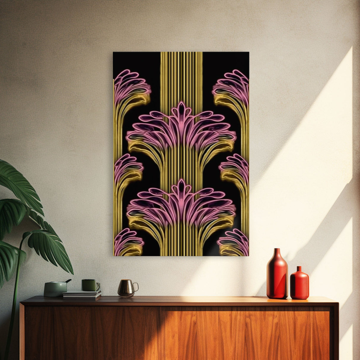 Art Deco Pattern Wall art - Framed Canvas Print - Art Deco - Black art - Bright colors - Pink & gold art - Office decor - Abstract nature