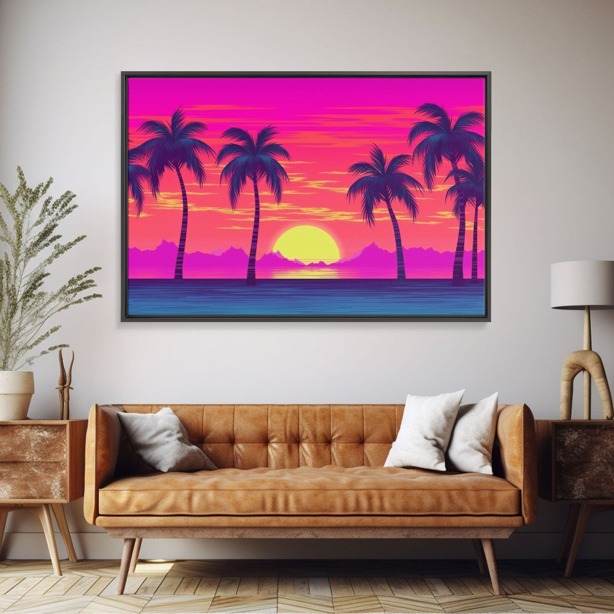 Beach sunset Wall Art, Framed Canvas Print, Colorful painting, Vibrant art, Synthwave Style, Warm Colors, Pop Art style, Tropical art