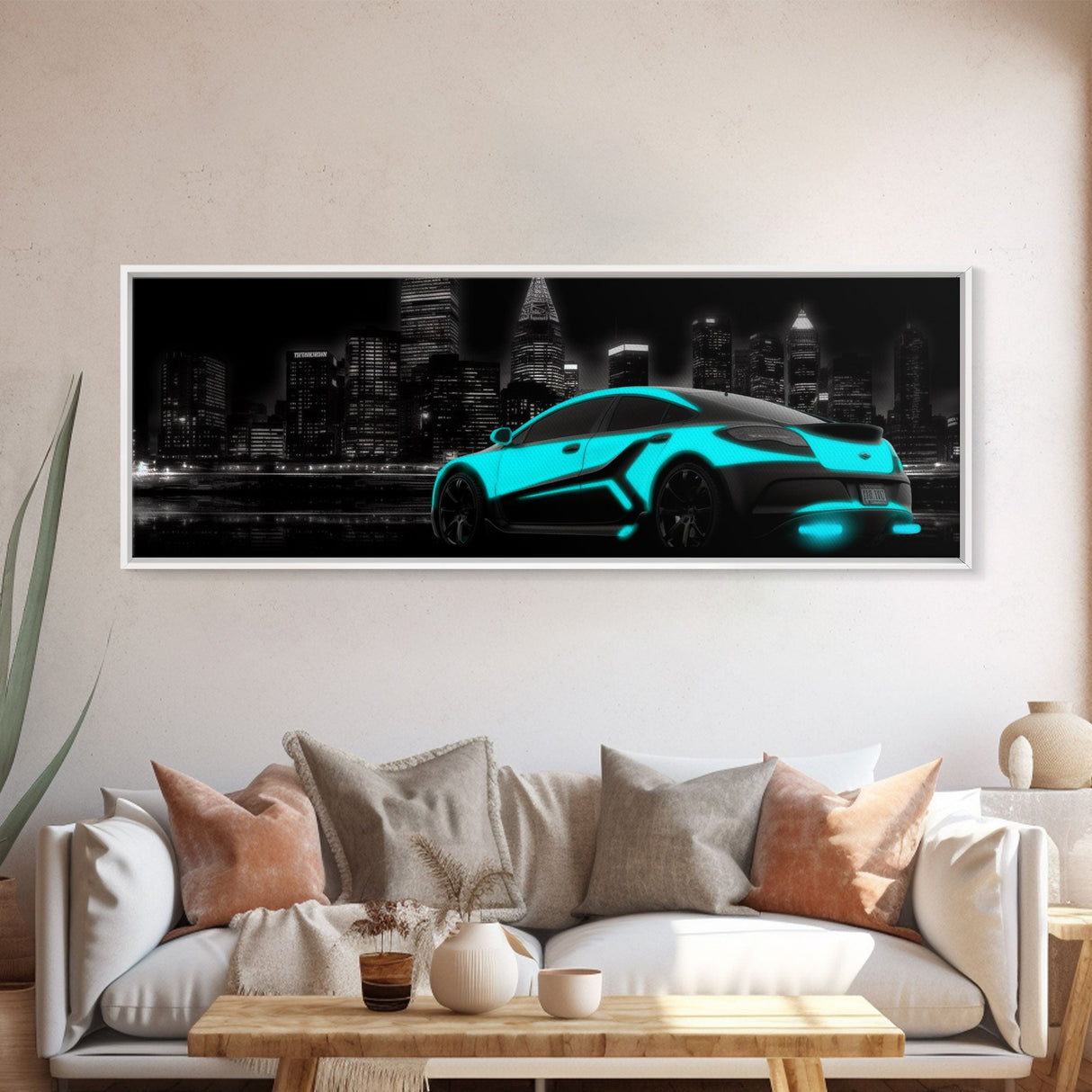 City Skyline Wall Art, Teal Sports Car,  Abstract Urban Art, Cityscape Art, Dark Night Large Urban Art, Panoramic, Wall Art, Canvas Print