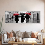 Red And Black Umbrellas, Women Walking On Street, City Art, Wall Decor, Large Urban Canvas Art Print, Panoramic, Wall Art, Canvas Print