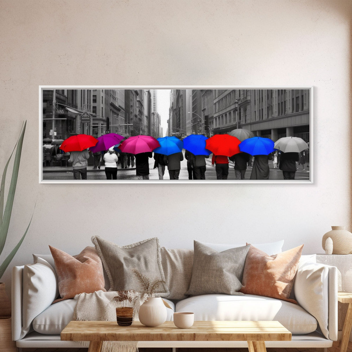 Pink Red Blue Purple Colored Umbrellas, People Walking On Street, City Art, Urban Canvas Art Print, Panoramic, Wall Art, Canvas Print