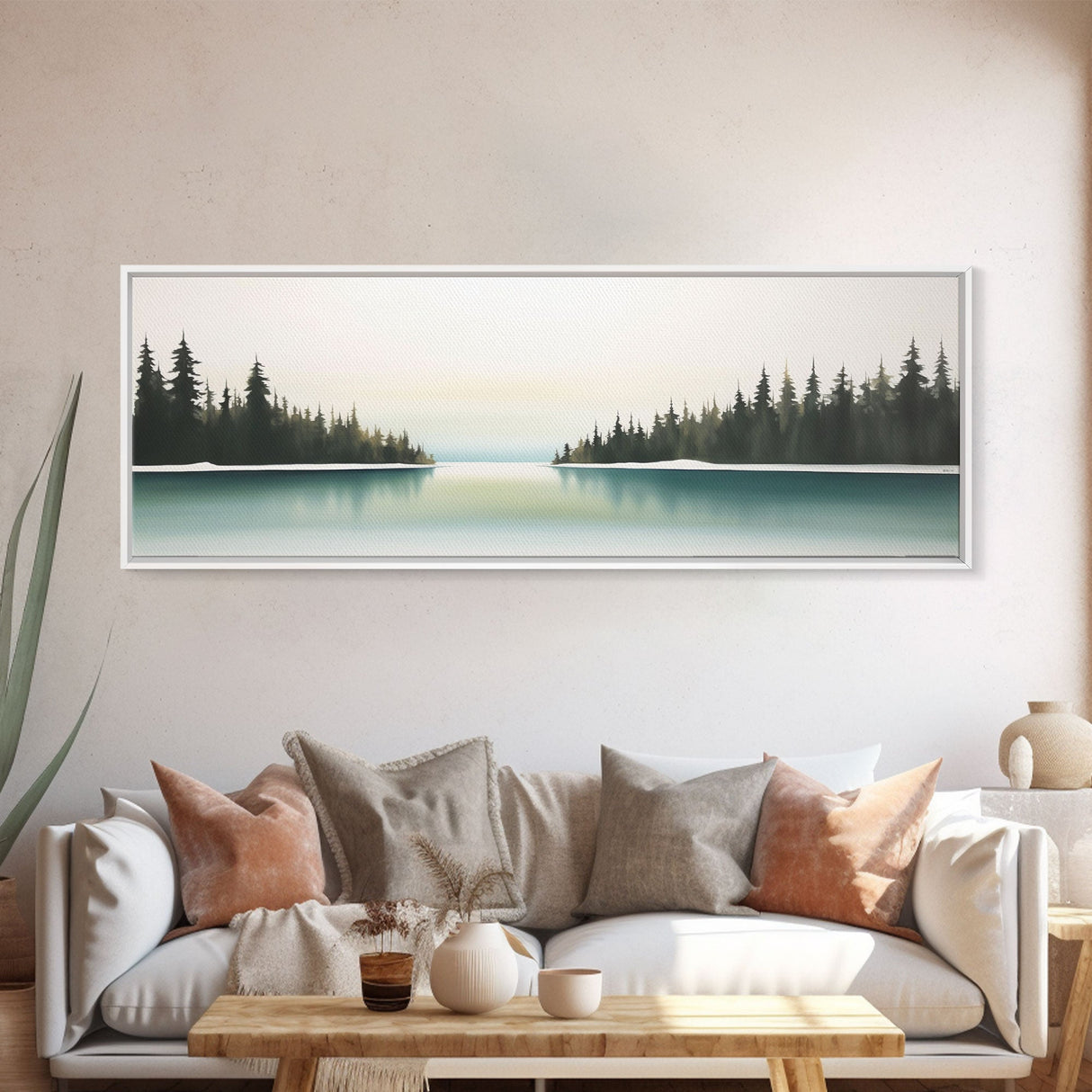 Watercolor Landscape Wall Art Print, Lake, Pine Trees, Horizon, Winter, Snow, Large Canvas Art Print, Panoramic, Wall Art, Canvas Print