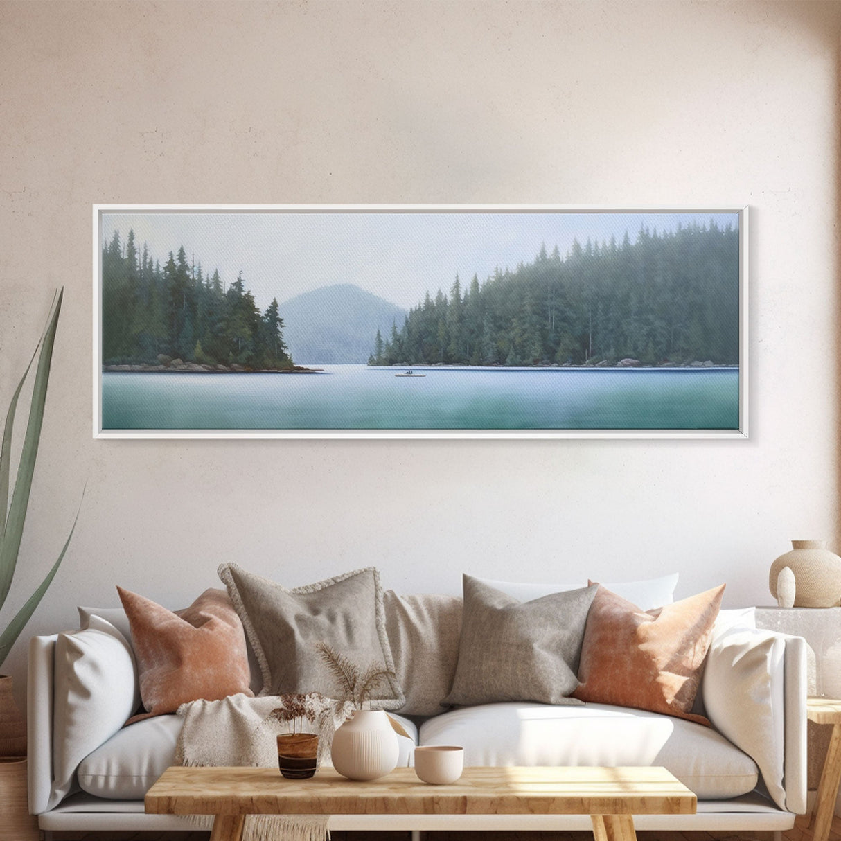 Watercolor Landscape Wall Art Print, Lake, Pine Trees, Mountain, Fishing Boat, Large Canvas Art Print, Panoramic, Wall Art, Canvas Print