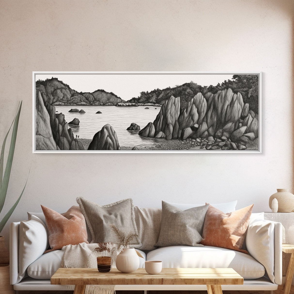 Pencil Sketch River Wall Art Print, Nature, Water, Black And White, Wall Decor, Large Canvas Art Print, Panoramic, Wall Art, Canvas Print