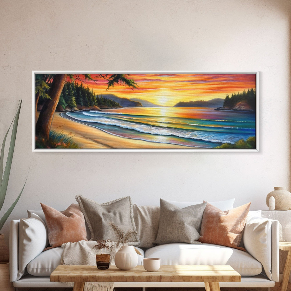 Shoreline Canvas Art Print, Cove, Trees, Mountain, Sunset, Canvas Wall Art Beach, Beach Scene Art, Panoramic, Wall Art, Canvas Print