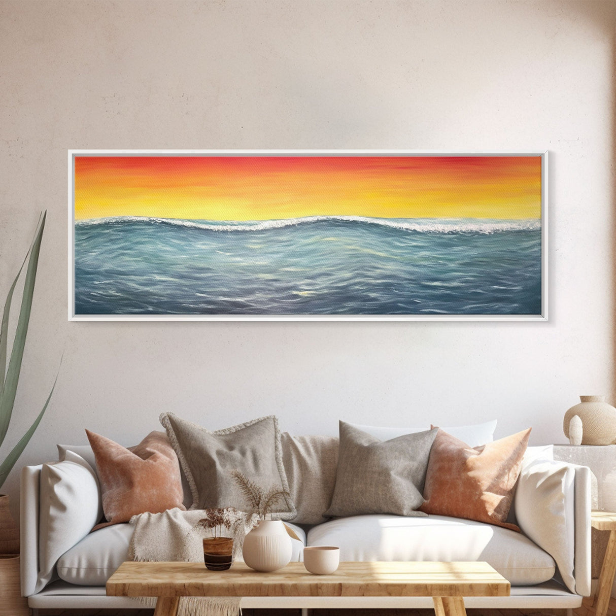 Seascape Canvas Art Print, Ocean, Waves, Horizon, Sunset, Orange, Blue, Yellow, Nature, Wall Decor, Panoramic, Wall Art, Canvas Print