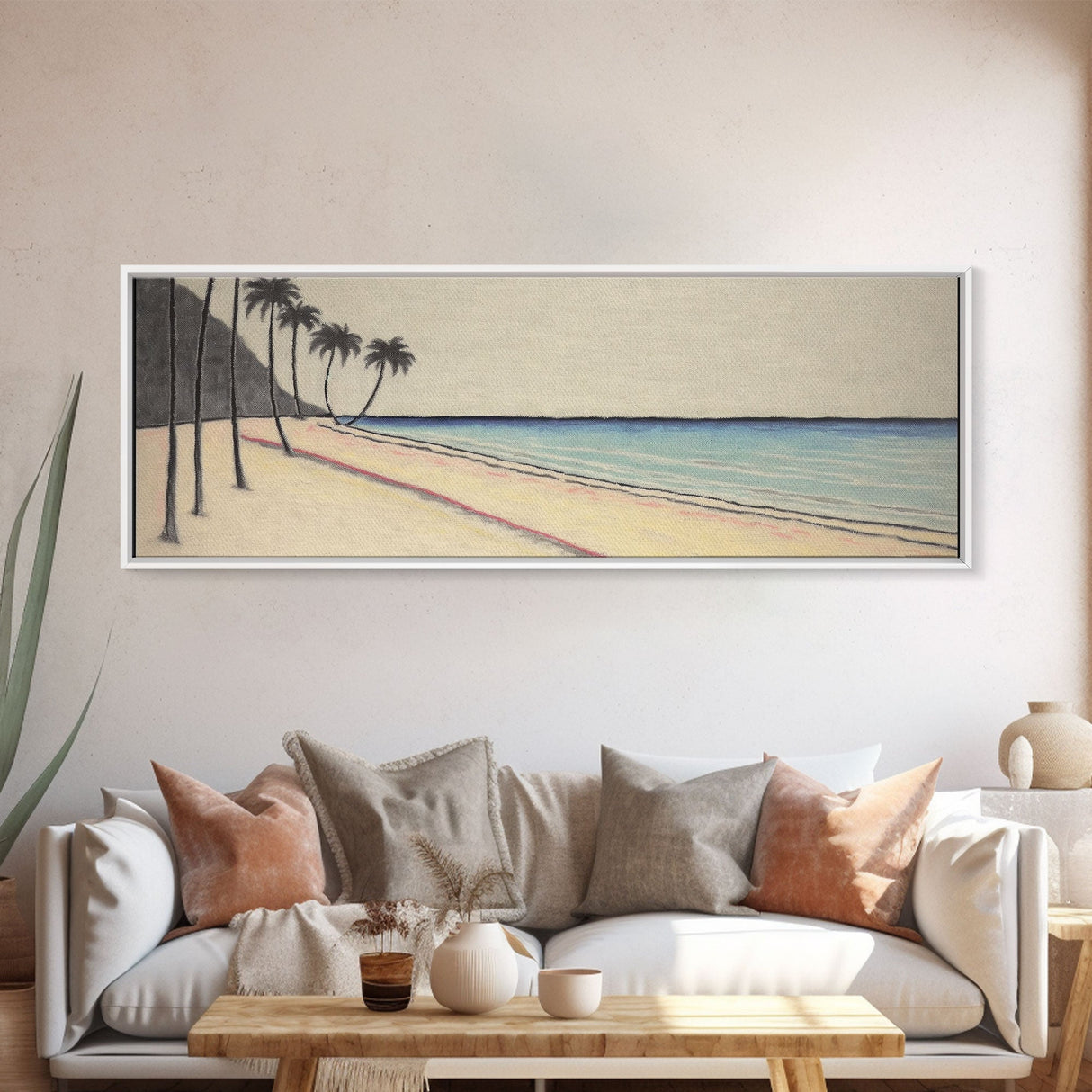 Minimalist Beach Canvas Art Print, Seashore, Shoreline, Ocean, Plam Trees, Tropical Beach, Wall Decor, Panoramic, Wall Art, Canvas Print