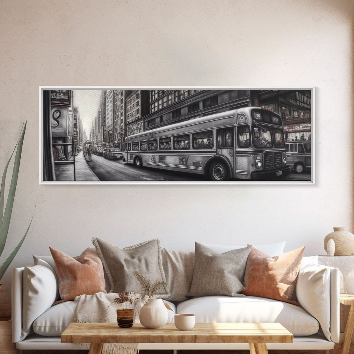 Detailed Street Pencil Sketch Canvas Print, City Wall Art, Bus, Cars, Traffic, Buildings, Urban Art Print, Panoramic, Wall Art, Canvas Print