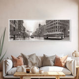 Detailed Street Sketch Canvas Print, City Wall Art, Bus, Cars, Buildings, Monochromatic Urban Art Print, Panoramic, Wall Art, Canvas Print