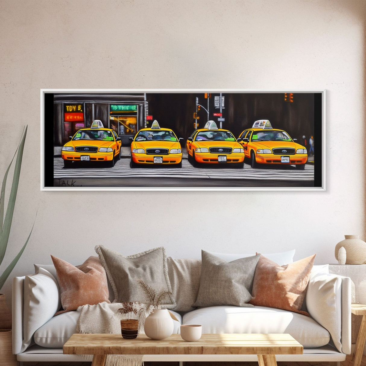 Yellow Taxis Canvas Print, City Art, Yellow Large Urban Art Print, Cars Wall Decor, Framed Canvas Print, Panoramic, Wall Art, Canvas Print