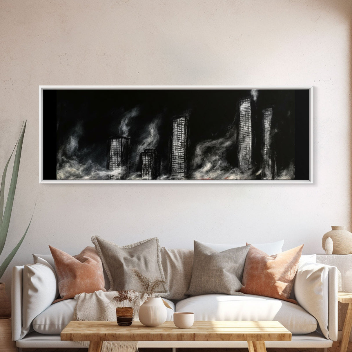 City Buildings On Fire Canvas Print, City Art, Dark Urban Art, Large Urban Art Print, Wall Decor, Panoramic, Wall Art, Canvas Print