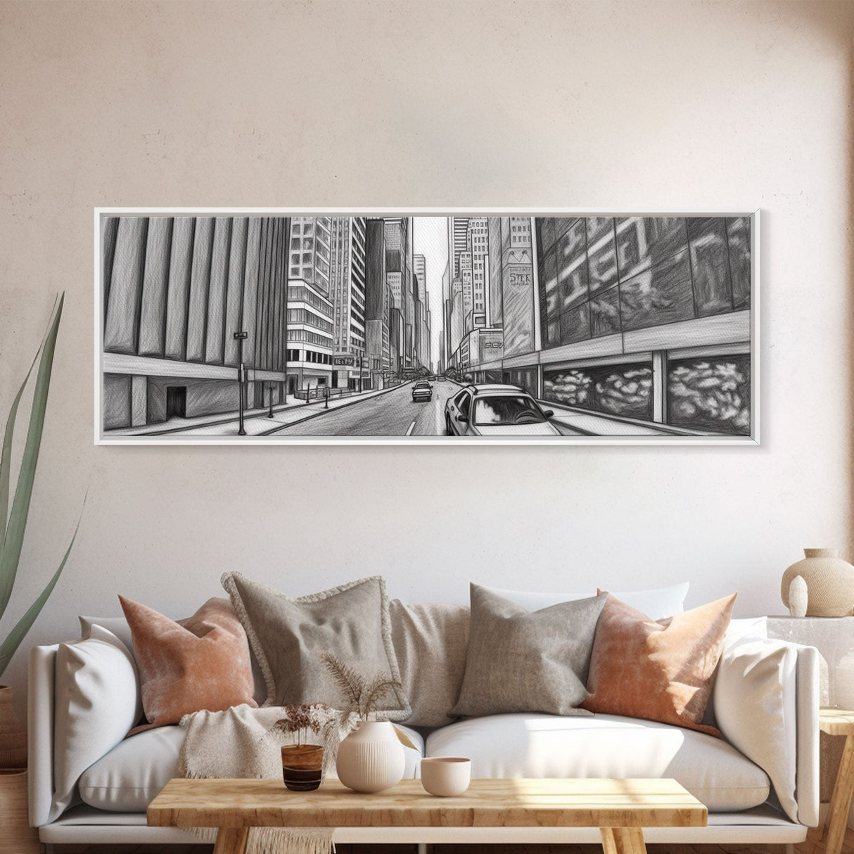 Pencil Sketch City Canvas Print, Buildings, Cars, Street, Urban Art, Large Urban Art Print, Wall Decor, Panoramic, Wall Art, Canvas Print