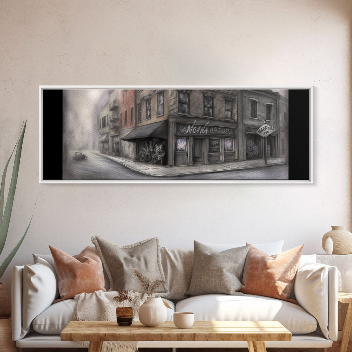 Dystopian City Canvas Print, Buildings, Man On Street, Urban Art, Large Urban Art Print, Wall Decor, Panoramic, Wall Art, Canvas Print