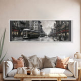 Streetcars In The City Canvas Print, Vintage Art, People On Sidewalk, City Art, Large Urban Art Print, Panoramic, Wall Art, Canvas Print