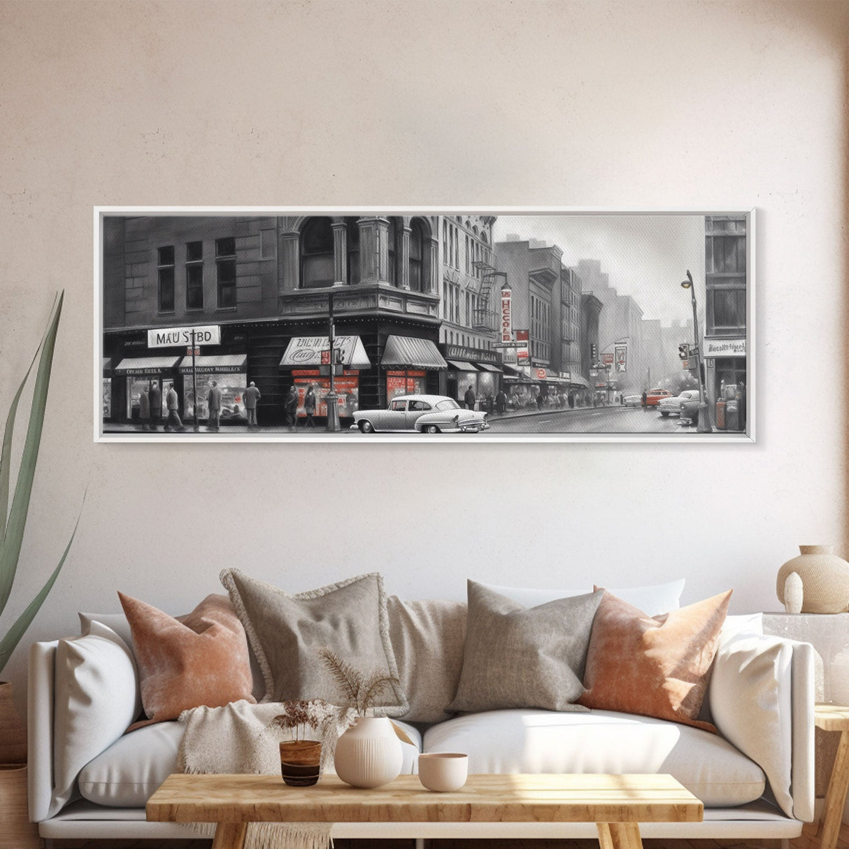 Vintage Cars City Canvas Print, Vintage Art, Buildings, People On Sidewalk, Large Urban Art Print, Panoramic, Wall Art, Canvas Print