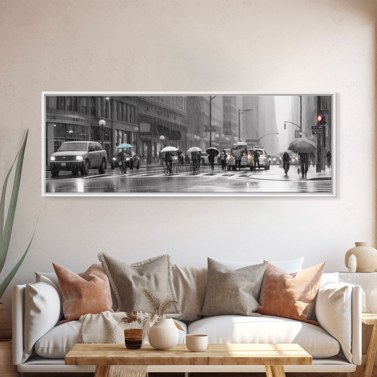 Rainy Day In The City Canvas Print, People With Umbrellas, City Art, Wall Decor, Large Urban Art Print, Panoramic, Wall Art, Canvas Print