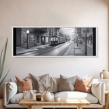 Monochromatic Tram Canvas Print, Pencil Sketch City Art, Wall Decor, Large Urban Art Print, Panoramic, Wall Art, Canvas Print